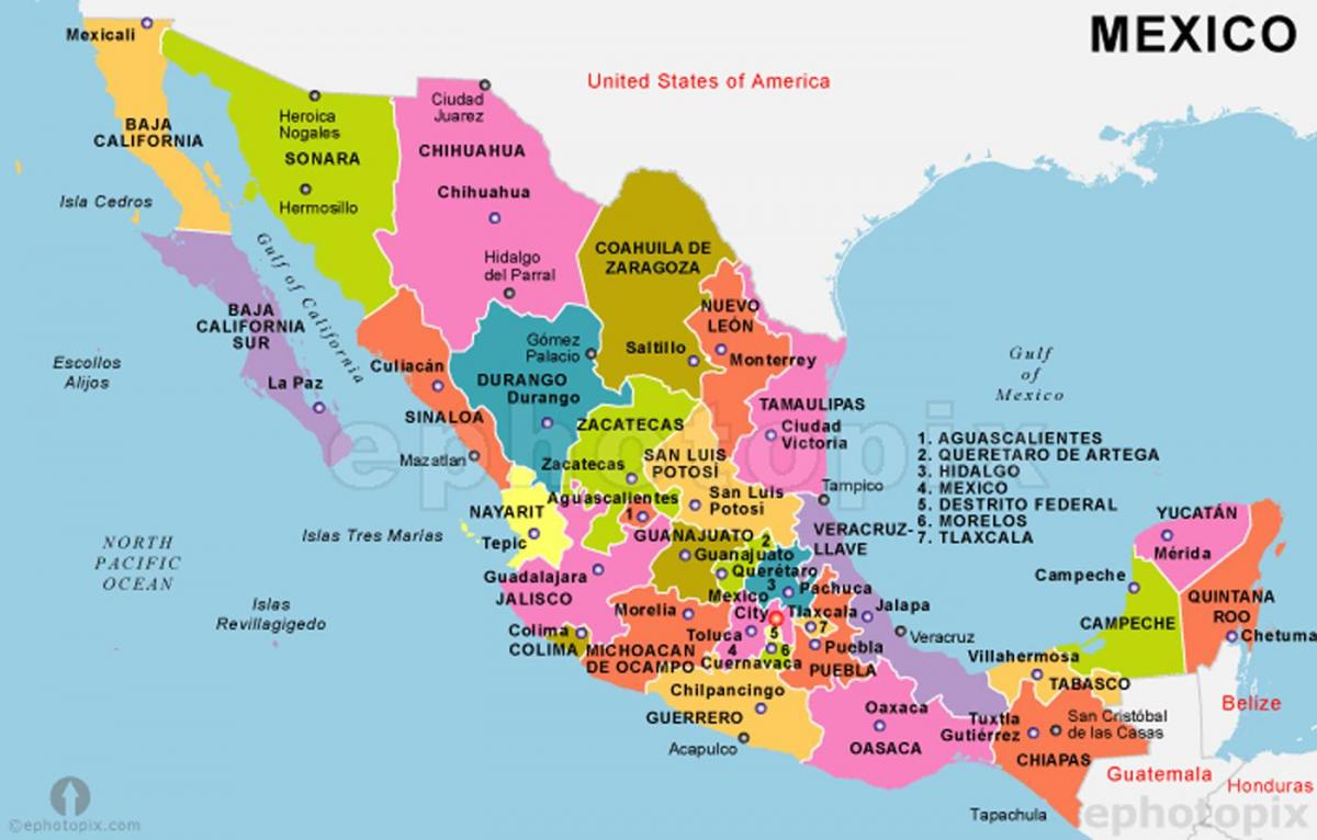 میکسیکو کے نقشے کے ساتھ امریکہ اور دارالحکومتوں
